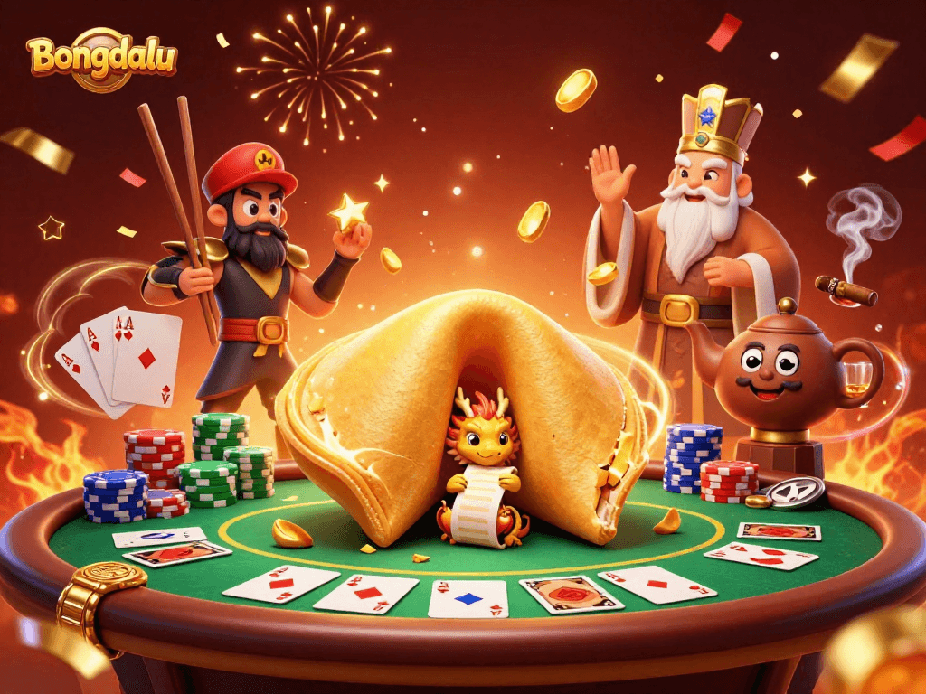 Bongdalu brings excitement with a vibrant scene of a golden fortune cookie, dragon, and poker elements.