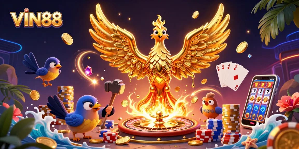 Experience the thrill of VIN88 with its golden phoenix and dynamic casino elements.