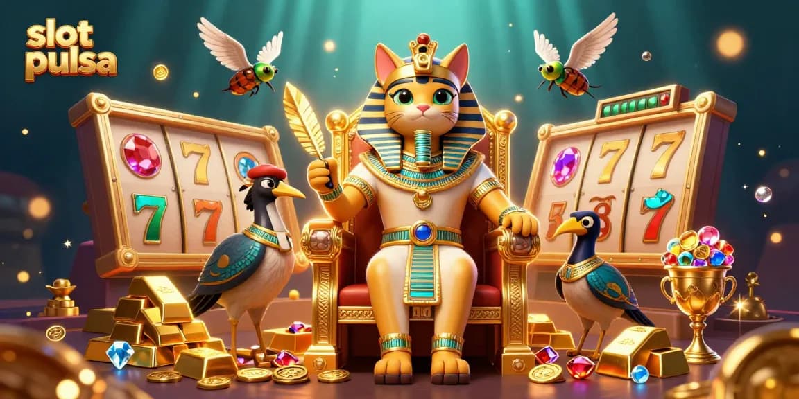 Engage with slot pulsa action in this vibrant casino scene featuring dynamic slot reels and rich treasures.