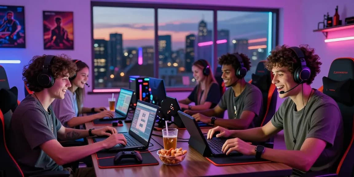 Pengalaman bermain di BATIK88 dengan teman-teman di ruang gaming modern, menunjukkan kegembiraan dan keasyikan.
