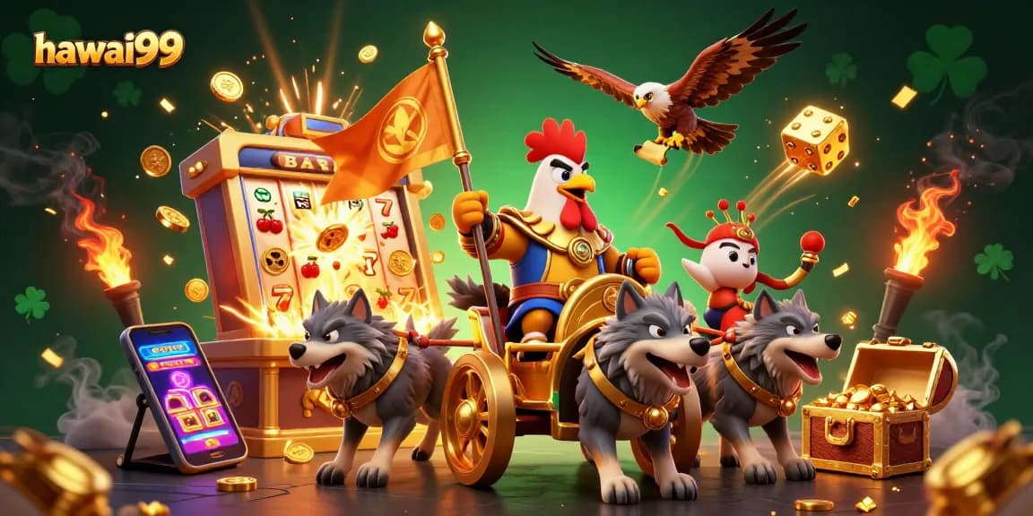Experience the excitement of hawai99 with a cartoon rooster warlord in a vibrant casino scene.