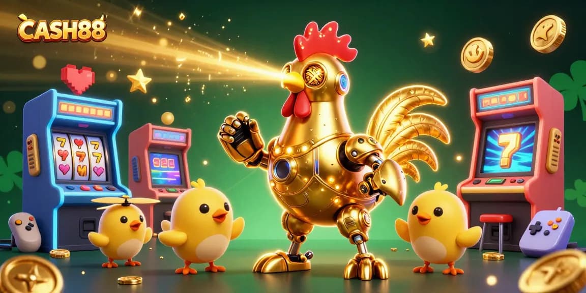 Engage with CASH88 in an exciting gaming scene featuring a golden rooster robot and baby chick drones amidst vibrant slot machines.