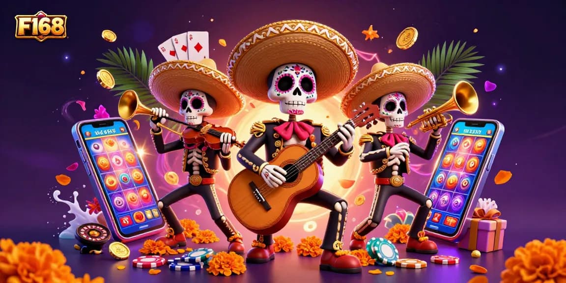 Experience interactive gameplay with F168 as vibrant mariachi characters celebrate in a colorful casino scene.
