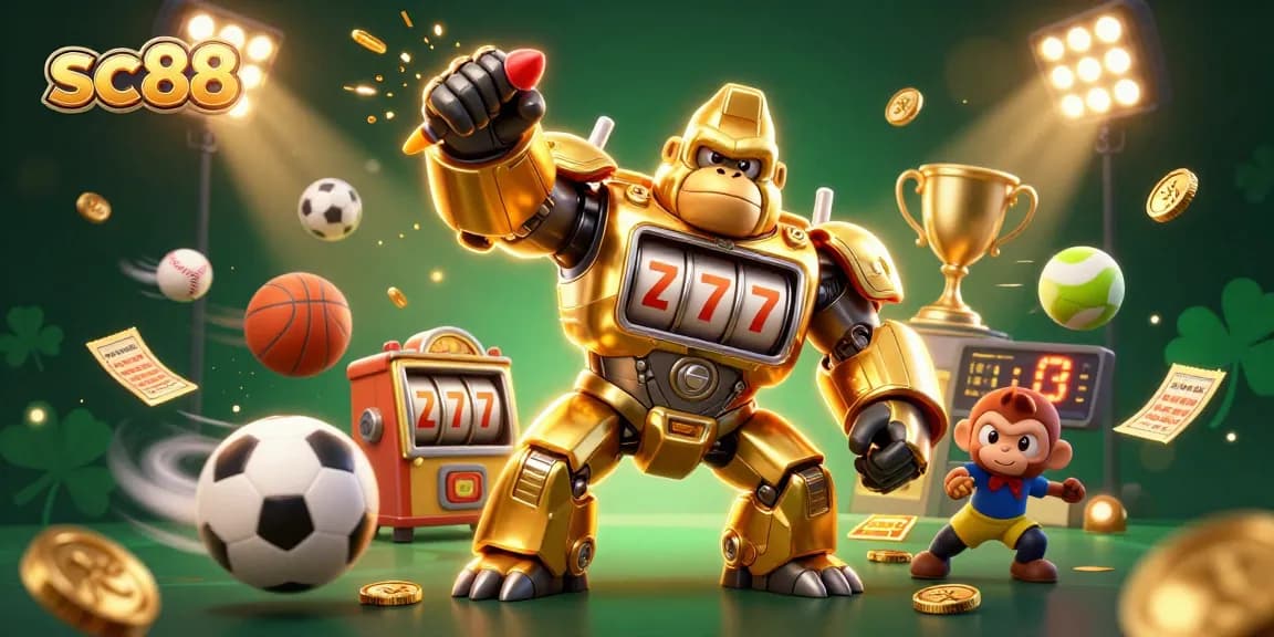 Experience the excitement of sc88 with a dynamic 3D illustration showcasing a golden gorilla mech amidst vibrant casino elements.