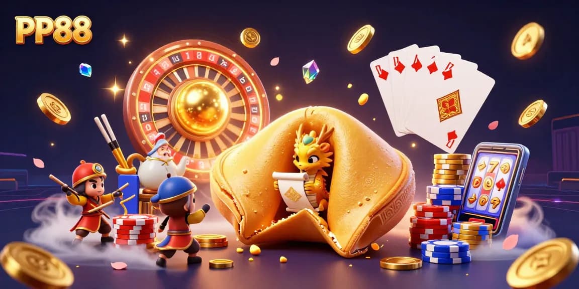 Engage with the exciting world of PP88, featuring a vibrant casino illustration filled with golden game elements.