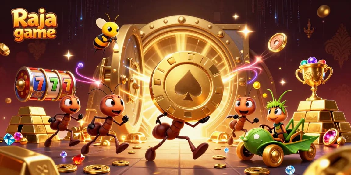 Engage in exciting gameplay with Raja game as cartoon ants maneuver a giant poker chip in a treasure-filled heist.