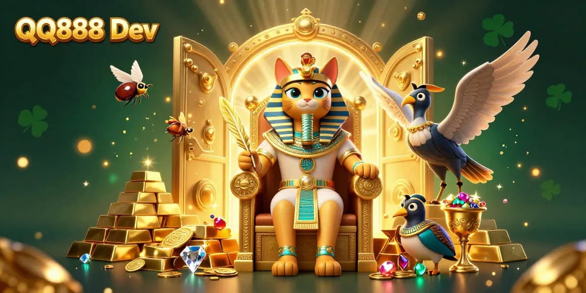 Engage in winning strategies at QQ888 Dev with an enchanting casino scene featuring an Egyptian pharaoh cat.
