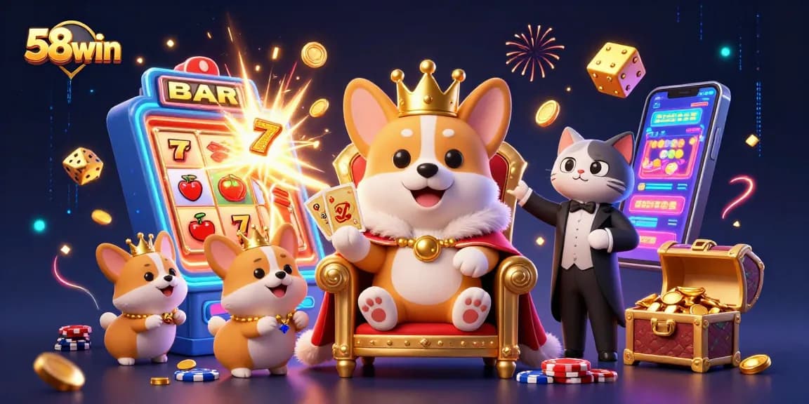 Win big at 58win with vibrant casino-themed characters and action-packed gaming elements.