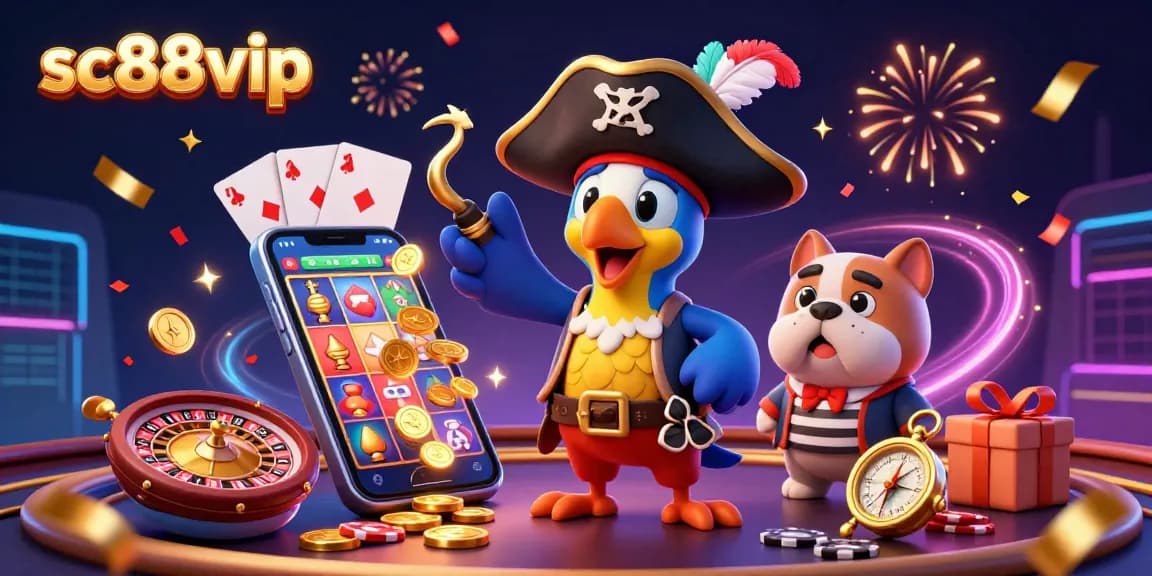 Spin the reels of SC88 vip with excitement, as a pirate captain, bulldog, and cat celebrate amidst golden coins and colorful games.