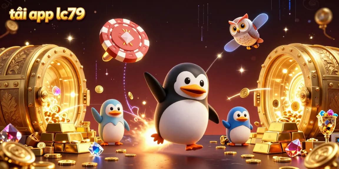 Trải nghiệm tải app lc79 với hình ảnh hoạt hình sinh động về casino và vàng.