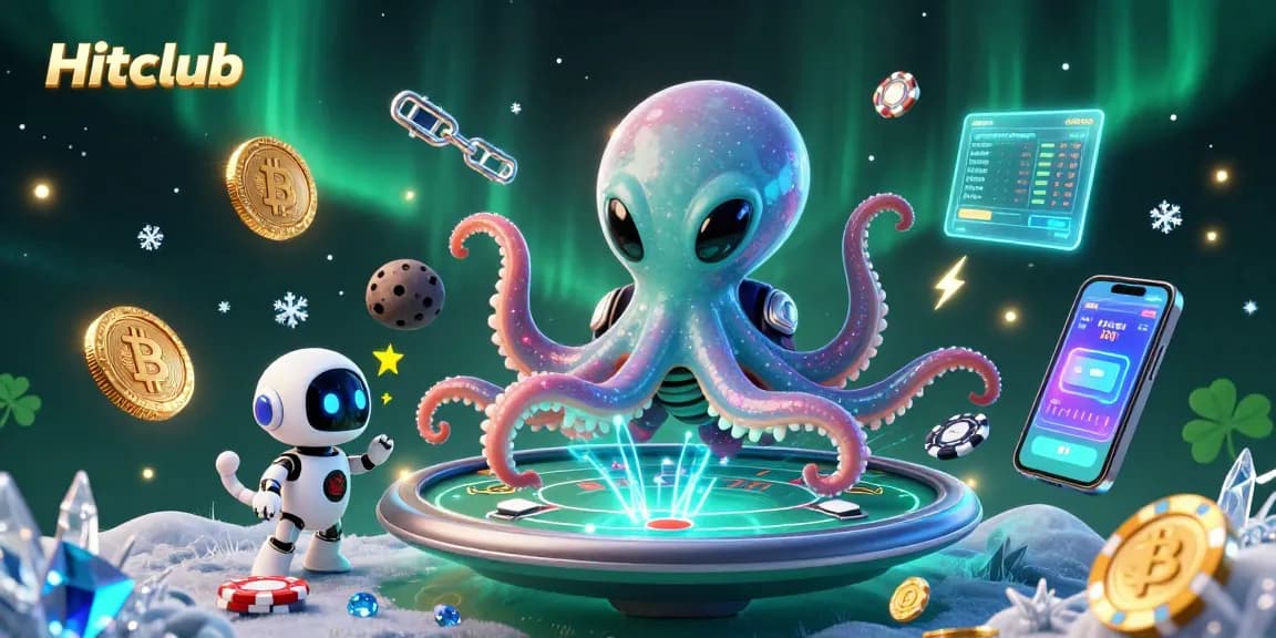 Hitclub showcases a vibrant alien octopus playing poker in space, surrounded by glowing crypto coins.
