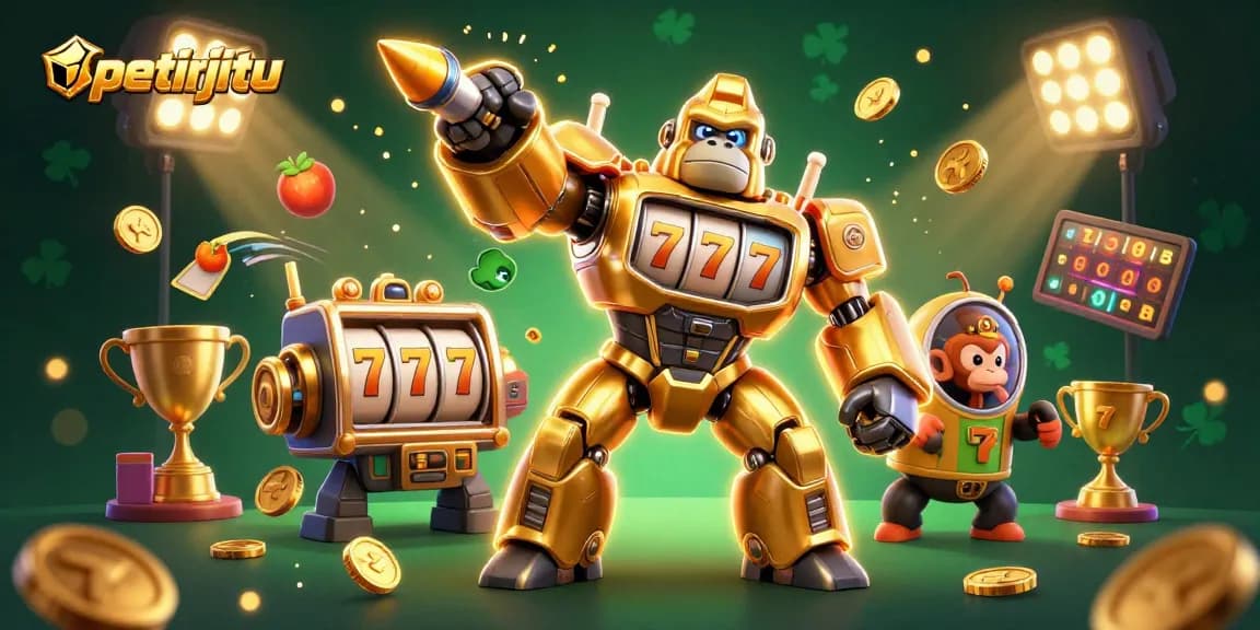 Petirjitu menghadirkan ilustrasi 3D kartun berisi siap-siap menang di mesin slot emas yang penuh dengan simbol keberuntungan.