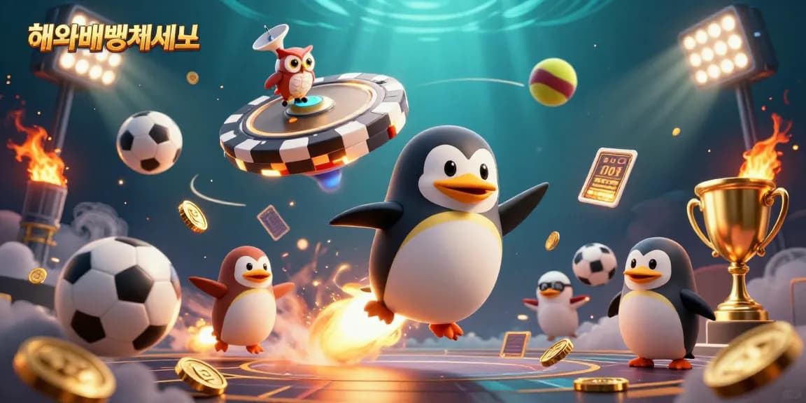 Experience 해외배팅사이트 with a vibrant 3D scene featuring a golden penguin and exciting sports elements.