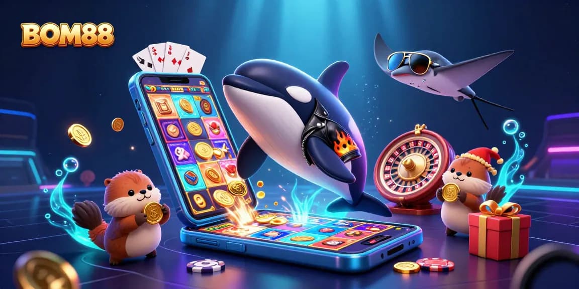 BOM88 showcases a vibrant, interactive gaming experience with cartoon characters and exciting casino elements.