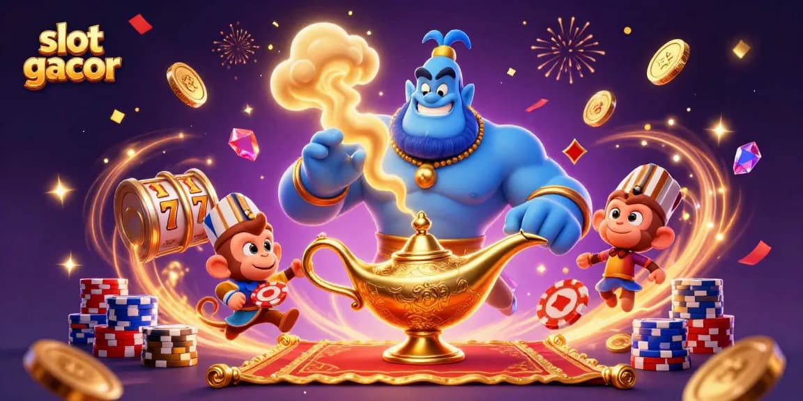 Spin the slot gacor reels with the genie and monkey amidst sparkling winnings.