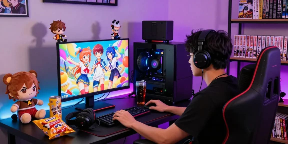 Immersive scene of a gamer playing hentai games in a vibrant setup with anime characters.