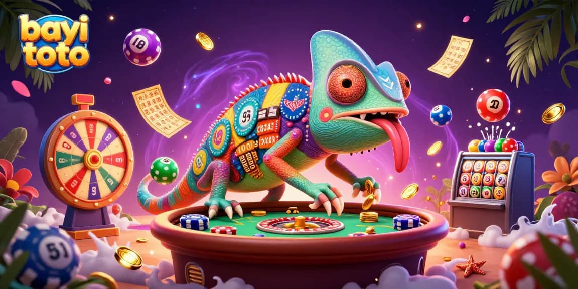 Bayi toto offers thrilling lottery excitement with dynamic colorful elements and a vibrant chameleon mascot.