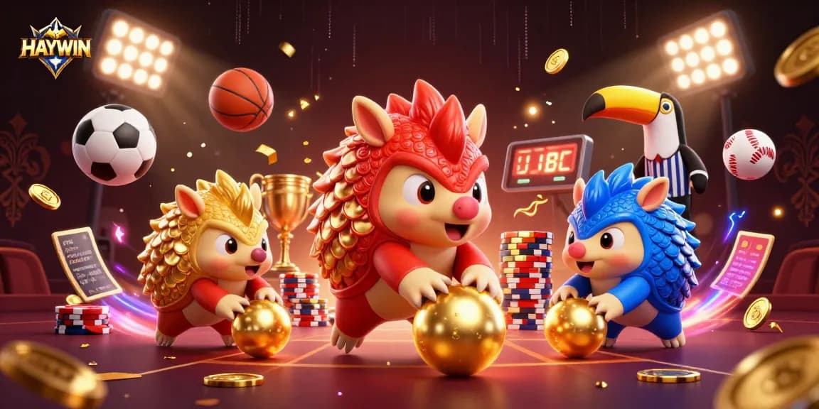 Experience HAYWIN's thrilling rivalry as pangolins compete with golden balls amidst vibrant casino elements.