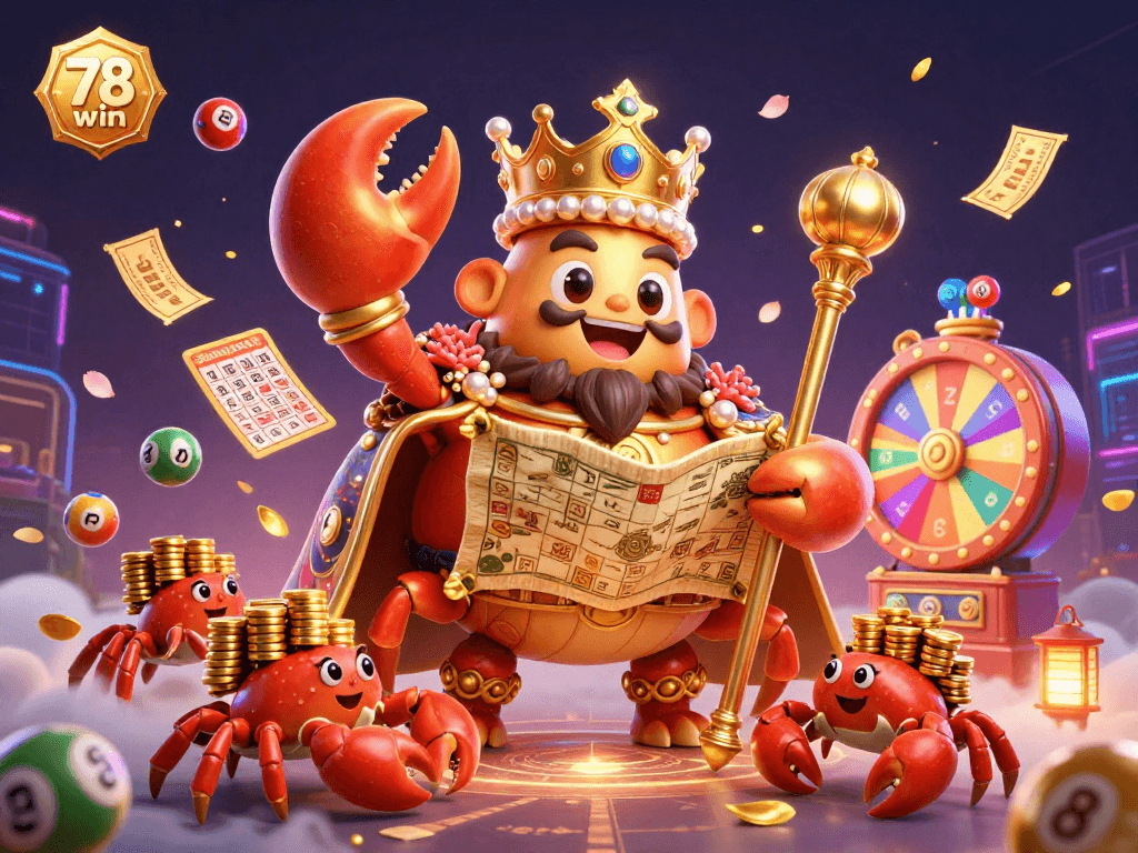 Engage with the vibrant 78 win gaming experience featuring a golden crab emperor and lottery action.