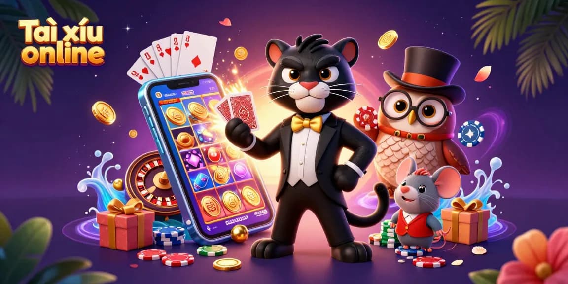 Engaging scene with characters illustrating Tài xỉu online, showcasing casino excitement and vibrant game elements.