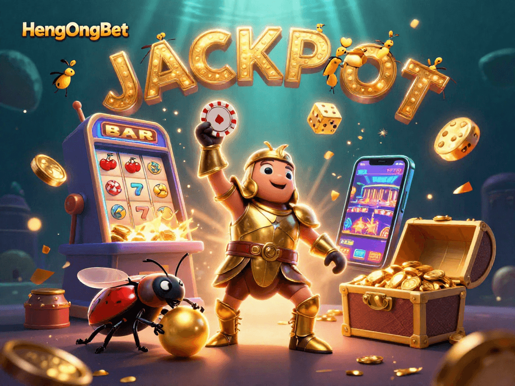 Join the action at HengOngBet with an energetic victory scene featuring a beetle champion and vibrant casino elements.