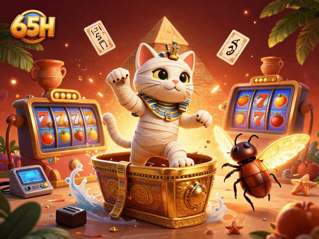 65H apresenta o gato múmia em um cassino piramidal, celebrando jackpots vibrantes.