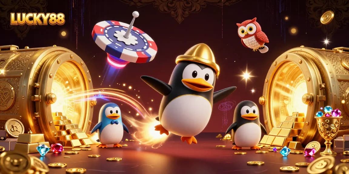 LUCKY88 showcases a golden penguin flying towards a casino space station filled with treasure.