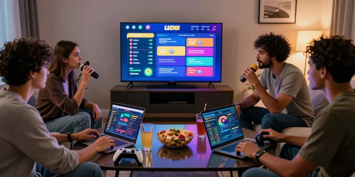 Friends enjoying an exciting gaming session on the LUCK8 platform at home, with vibrant visuals and snacks.