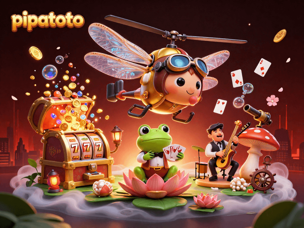 Engage with pipatoto's vibrant casino scene featuring a dragonfly pilot and a frog croupier.