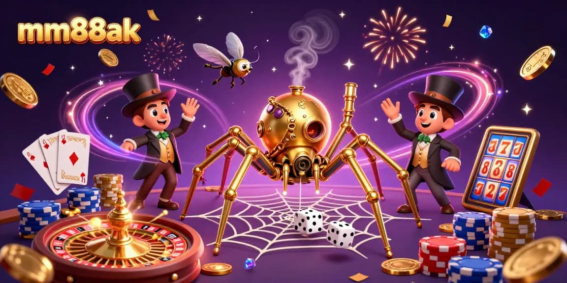 Engage with mm88ak's thrilling casino atmosphere, where a golden spider weaves luck among vibrant game elements.
