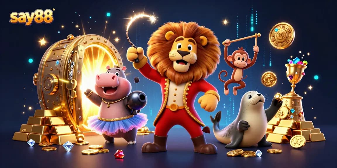 Experience the thrill of say88 with a dynamic casino-themed illustration featuring animated characters surrounded by treasures.