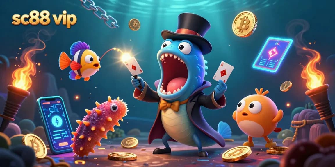 Experience the exciting world of sc88 vip with a magical underwater casino scene featuring a bioluminescent eel and shining crypto coins.