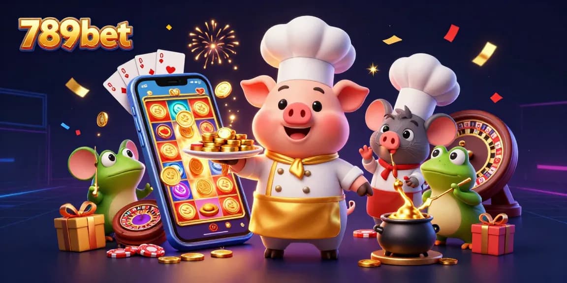 Experience thrilling slot excitement with 789bet, featuring 3D cartoon characters serving gold coins and dynamic casino elements.