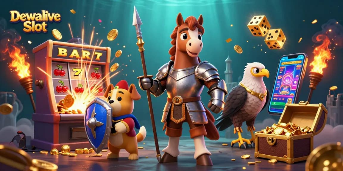 Experience thrilling gameplay with Dewalive Slot featuring knights and treasure in an exciting casino scene.