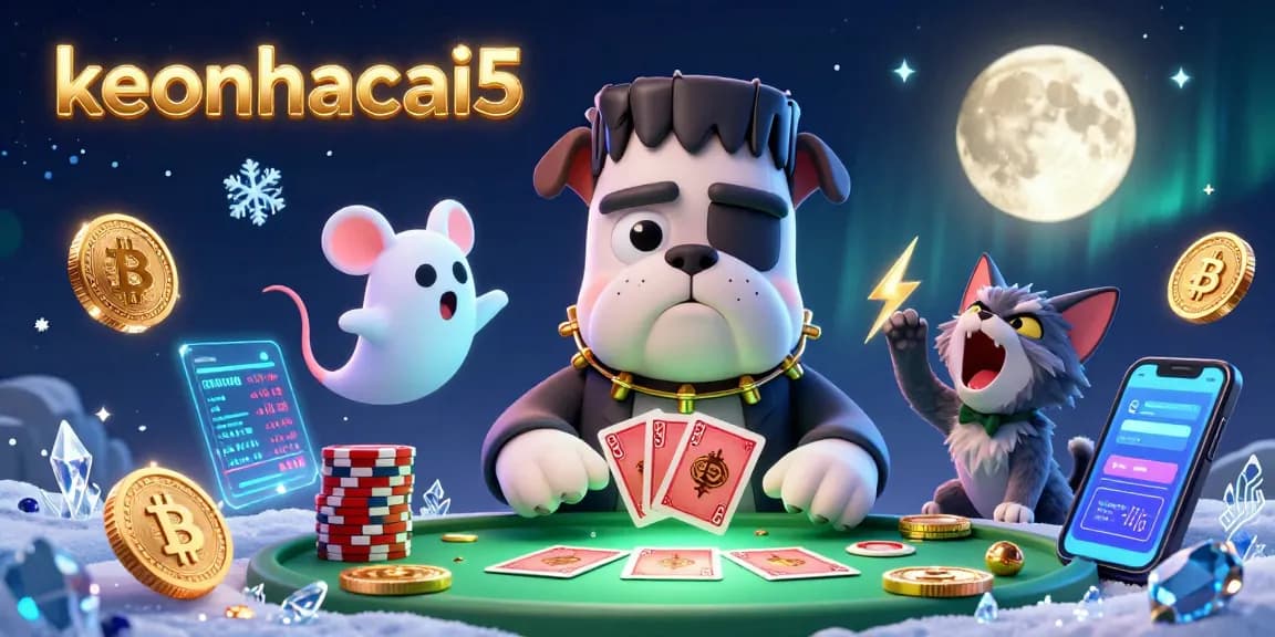 keonhacai5 characters engage in captivating card games at a spooky casino table with glowing crypto elements.