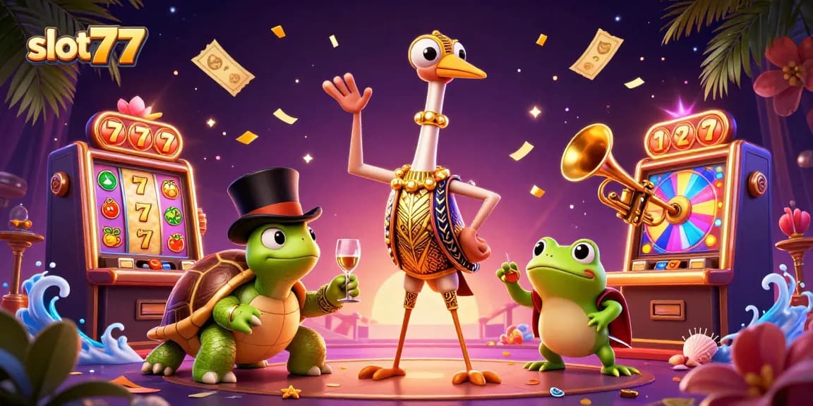 Experience the excitement of slot777 with vibrant characters, dynamic symbols, and a colorful casino scene.