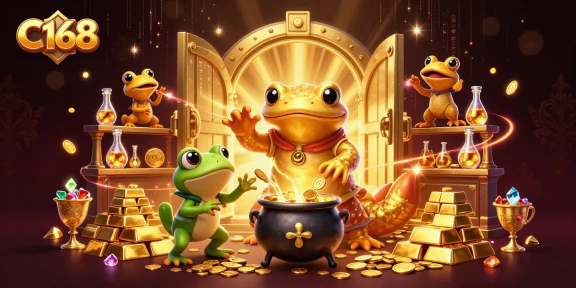Engage with C168's immersive gaming experience featuring a giant golden salamander alchemist surrounded by treasure.
