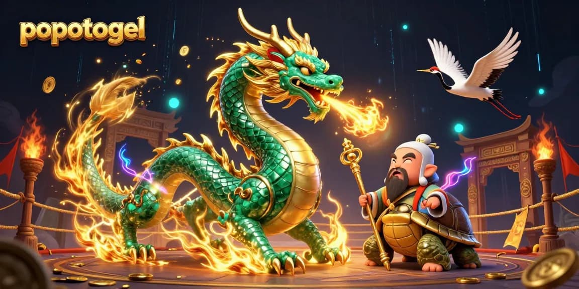Experience popotogel excitement with a vibrant 3D illustration of a dragon, sage, and winning symbols.