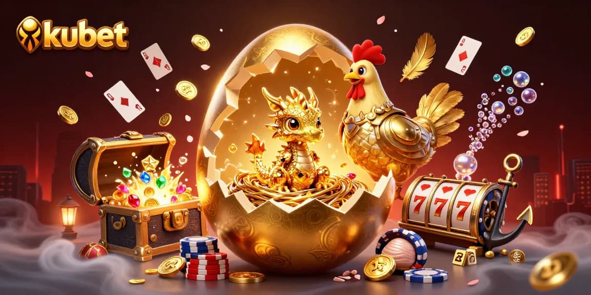 Kubet showcases a golden dragon amidst poker chips and gaming elements, embodying excitement.
