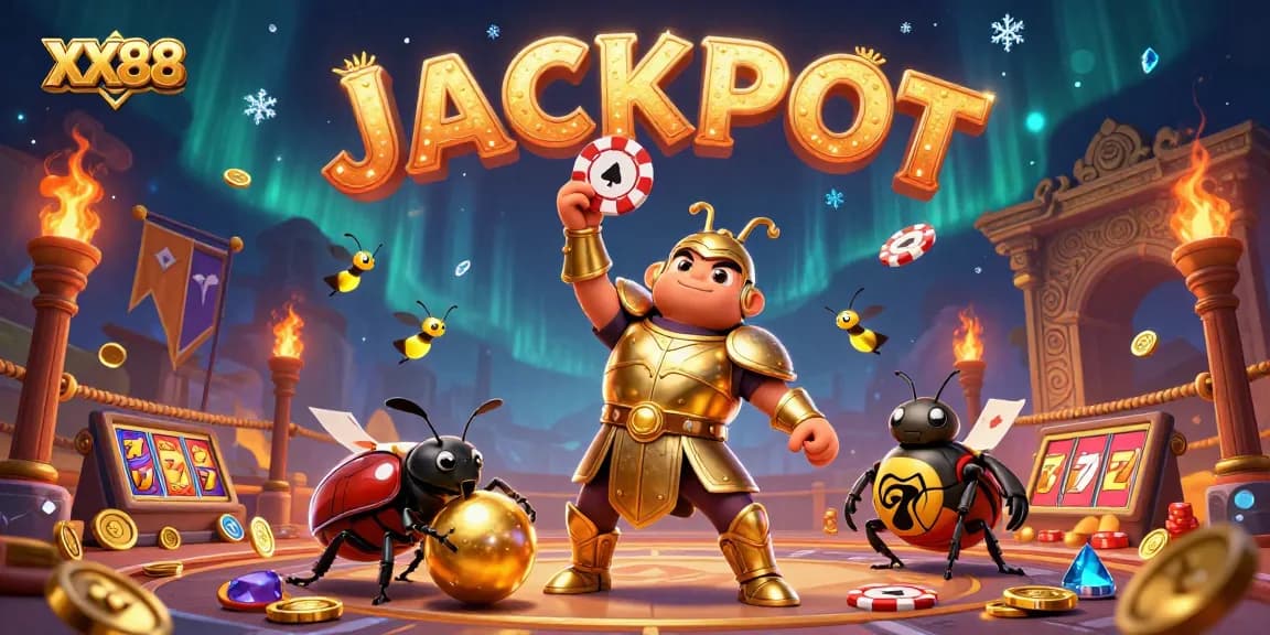 Experience the excitement of XX88 with a victorious beetle champion in an electrifying casino scene.