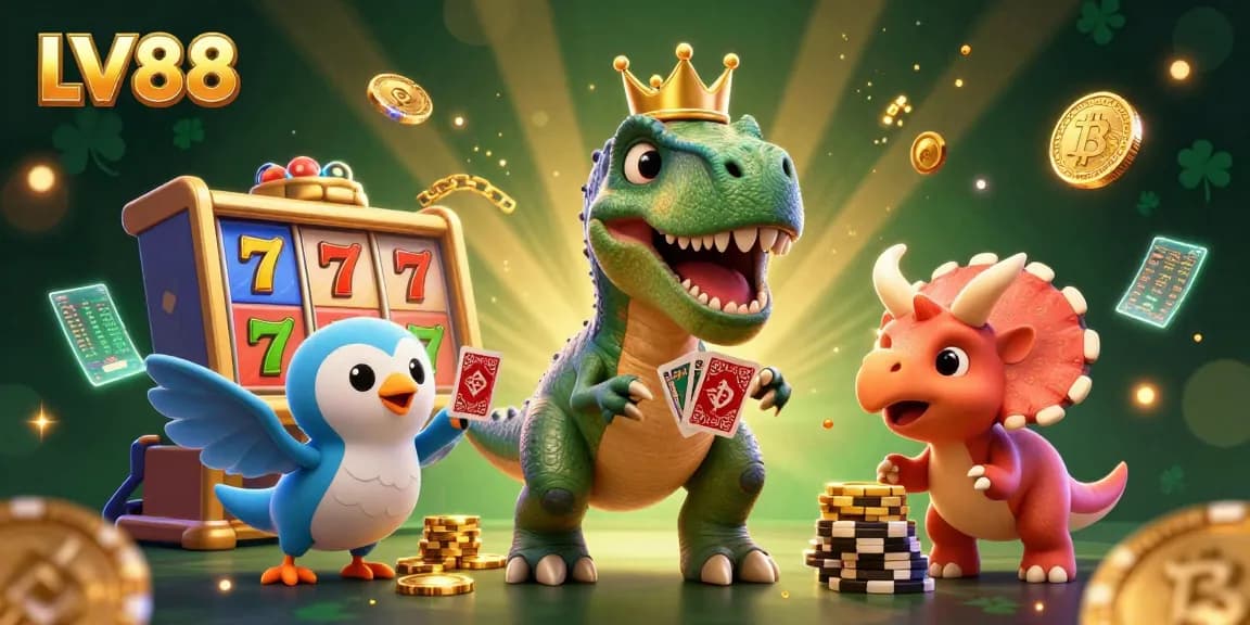 Experience thrilling gameplay at LV88 with colorful characters amidst golden chips and digital currency.
