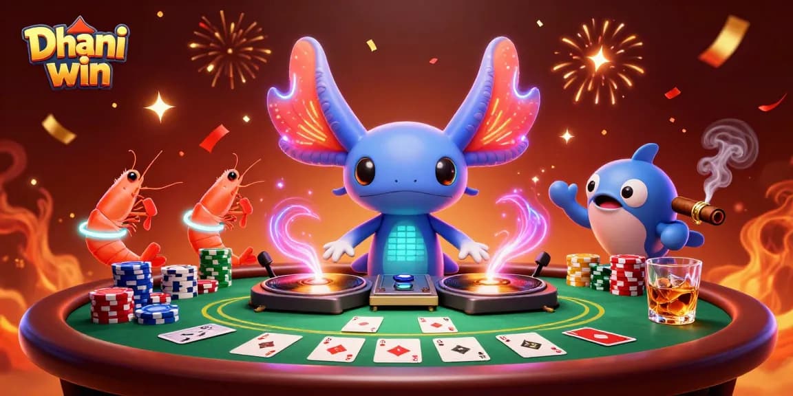 Engage in thrilling gameplay with Dhani win featuring vibrant axolotl DJ and poker elements.