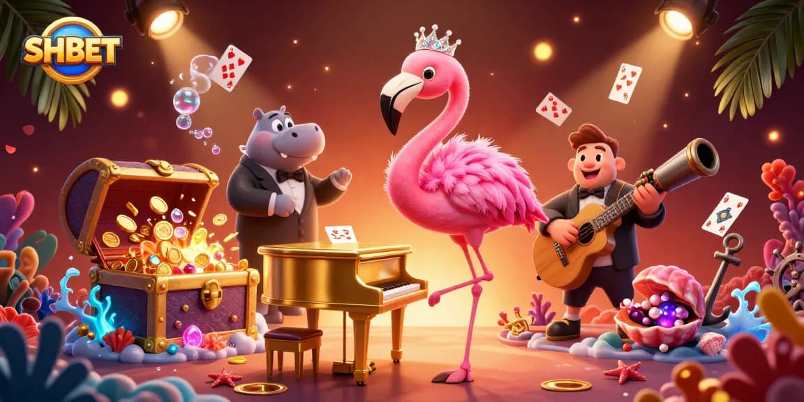 Experience thrilling wins at SHBET with a vibrant casino illustration featuring colorful characters and rich gaming elements.