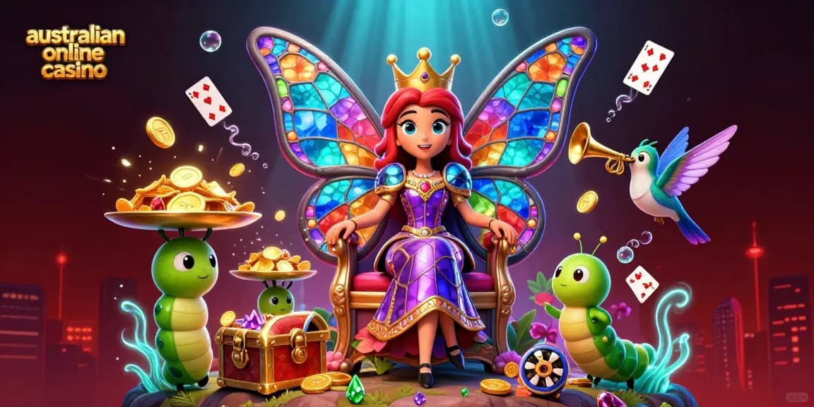 Experience the excitement of an australian online casino with a vibrant 3D illustration of a butterfly queen amidst dynamic gaming elements.