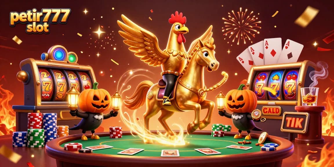 Play petir777 slot with vibrant jackpot reels and animated casino characters in a festive scene.