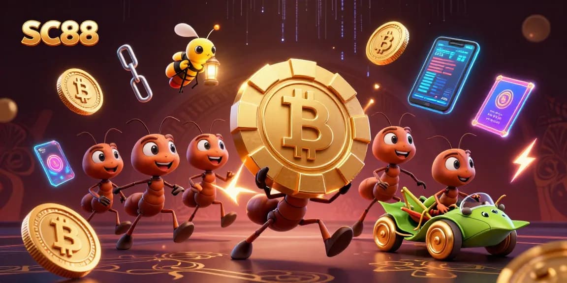 Engage with SC88 as cartoon ants steal a giant poker chip while navigating a tunnel, surrounded by vibrant crypto elements.