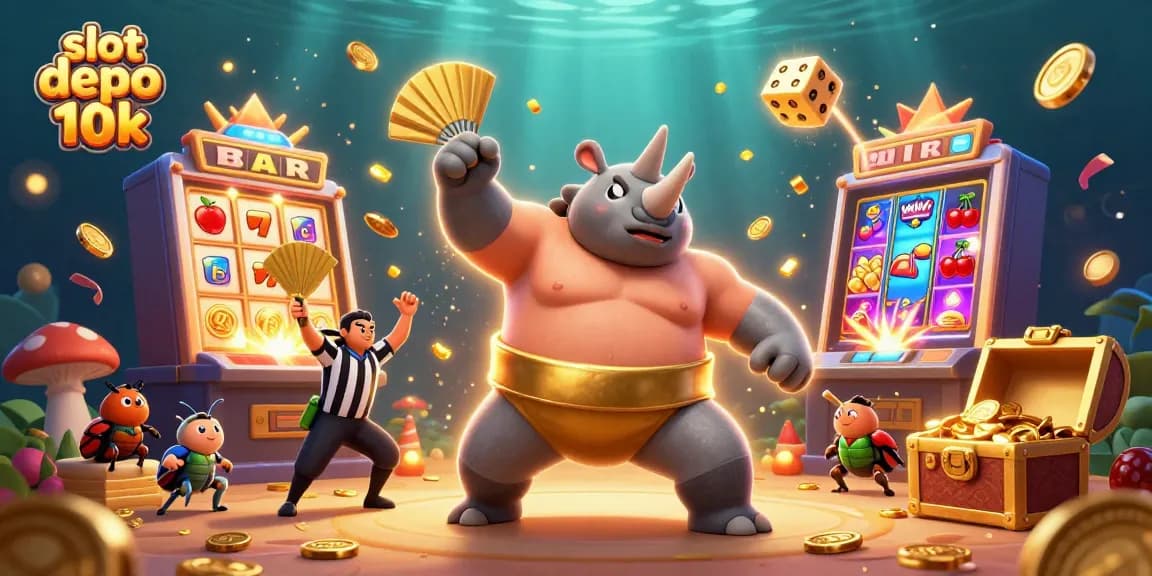 Experience the excitement of slot depo 10k with a cartoon rhinoceros beetle sumo champion amidst vibrant casino elements.