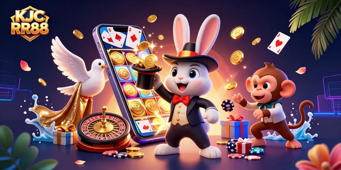 KJC RR88 delivers an exciting illustration of a magician rabbit creating golden coins amidst vibrant casino elements, perfect for gamblers.