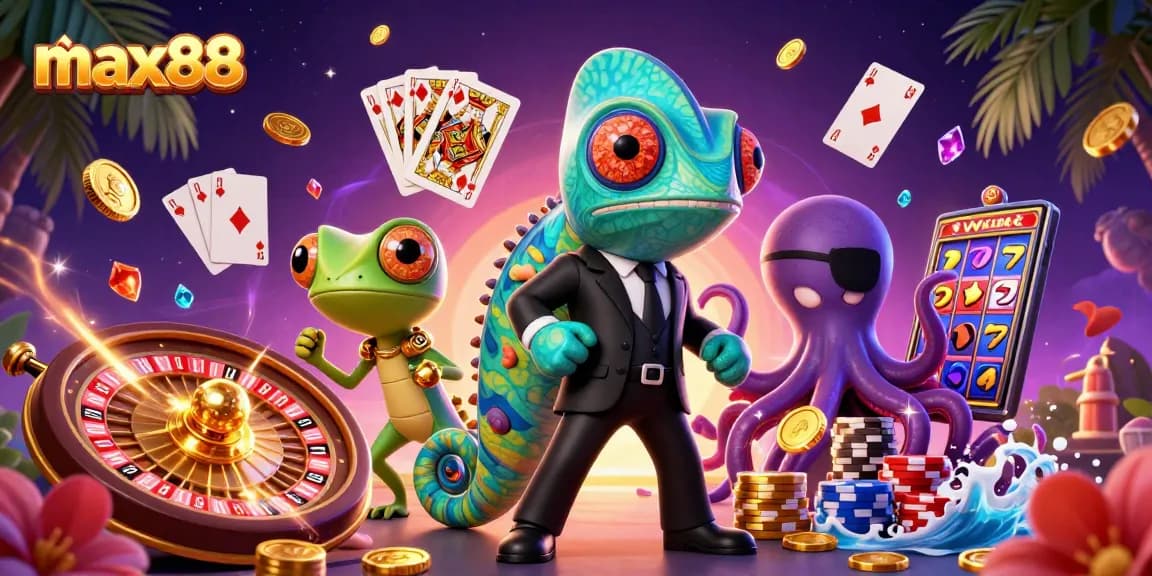 Experience the excitement of max88 with colorful characters and dynamic casino elements in a vibrant 3D scene.