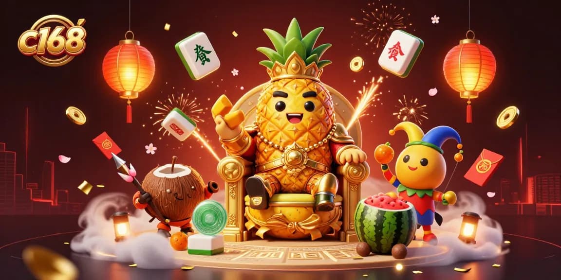 C168 showcases a vibrant casino scene featuring a golden pineapple king, coconut bodyguards, and a mango jester with dynamic gambling elements.